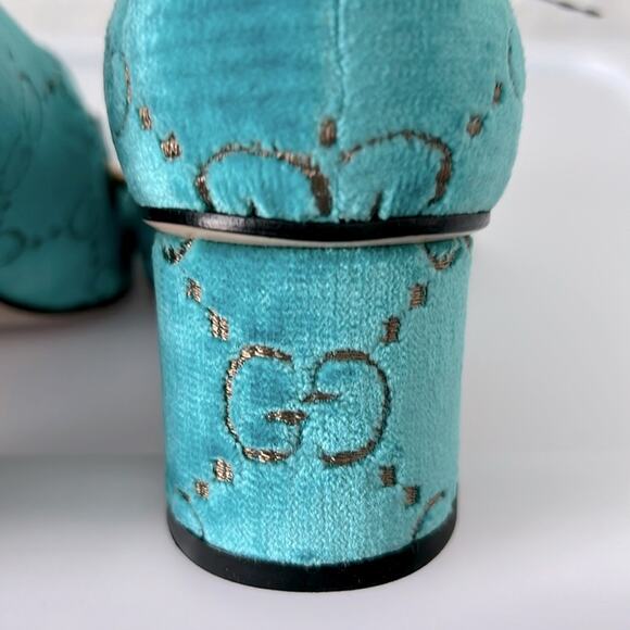 NEW! GUCCI Shoes Velvet Gg Sylvie Chain Detail Mid-Heel Square loafers 9… - Picture 15 of 16